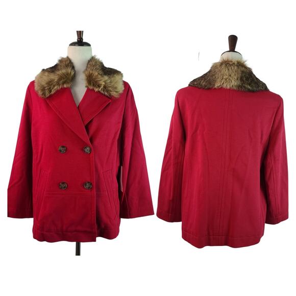 Chicos Red Pea Coat Jacket Blazer Double Breasted Removeable Faux Fur Collar M - Picture 1 of 6